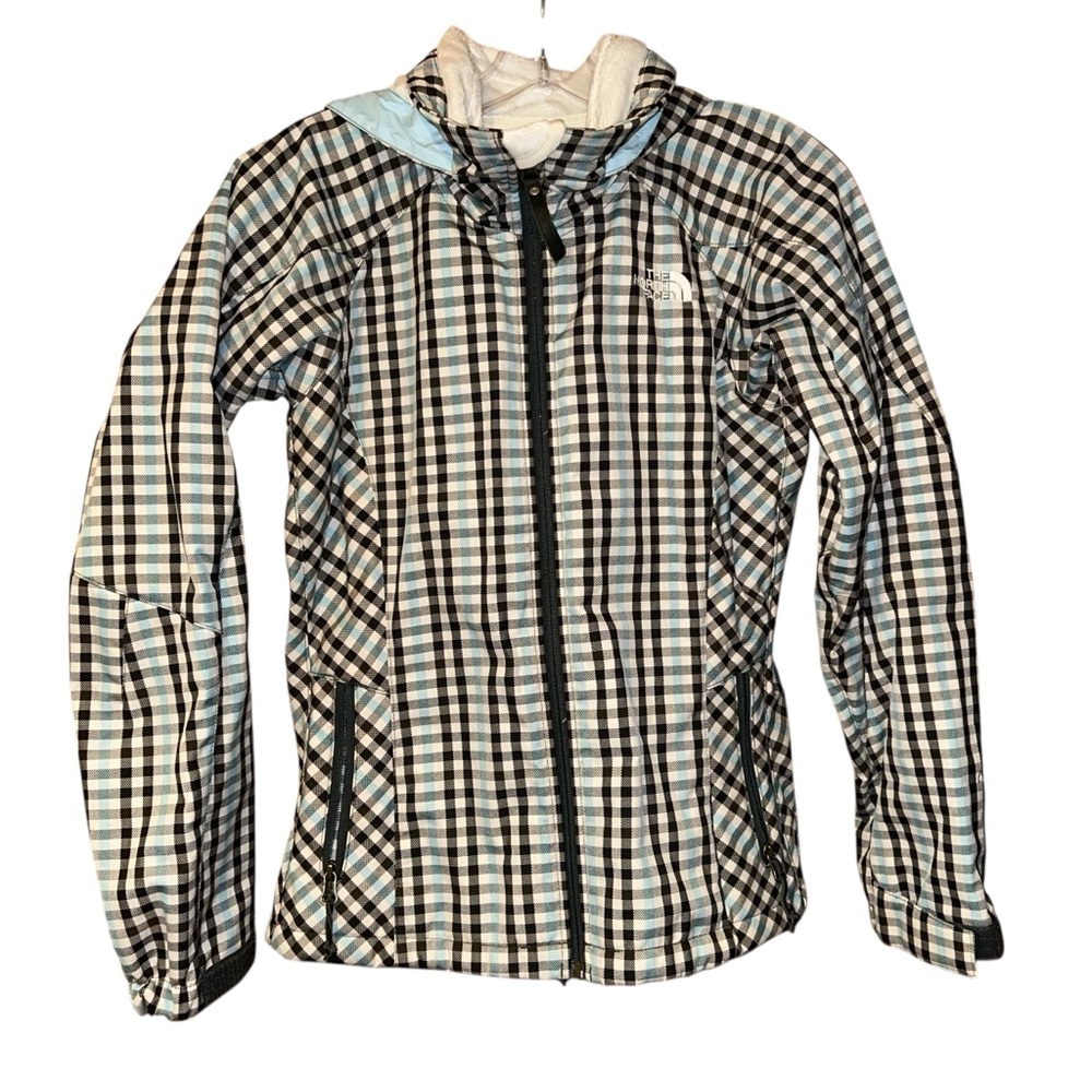 The North Face Apex Softshell Hooded Jacket Womens Small Blue Plaid Fleece Line